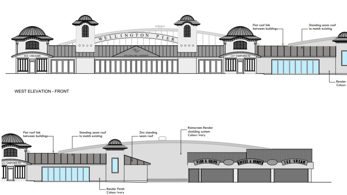 We can see architectural black and white drawings of how the new look pier would be built.