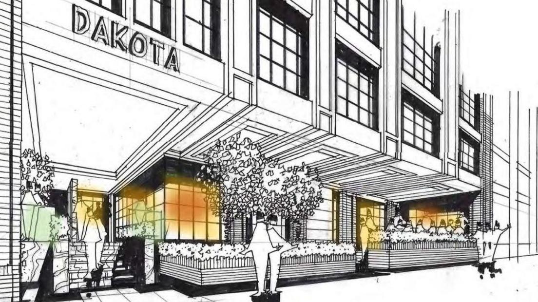 An artist's impression of how the Dakota hotel in York would appear its a black and white sketch with some yellow colour on windows
