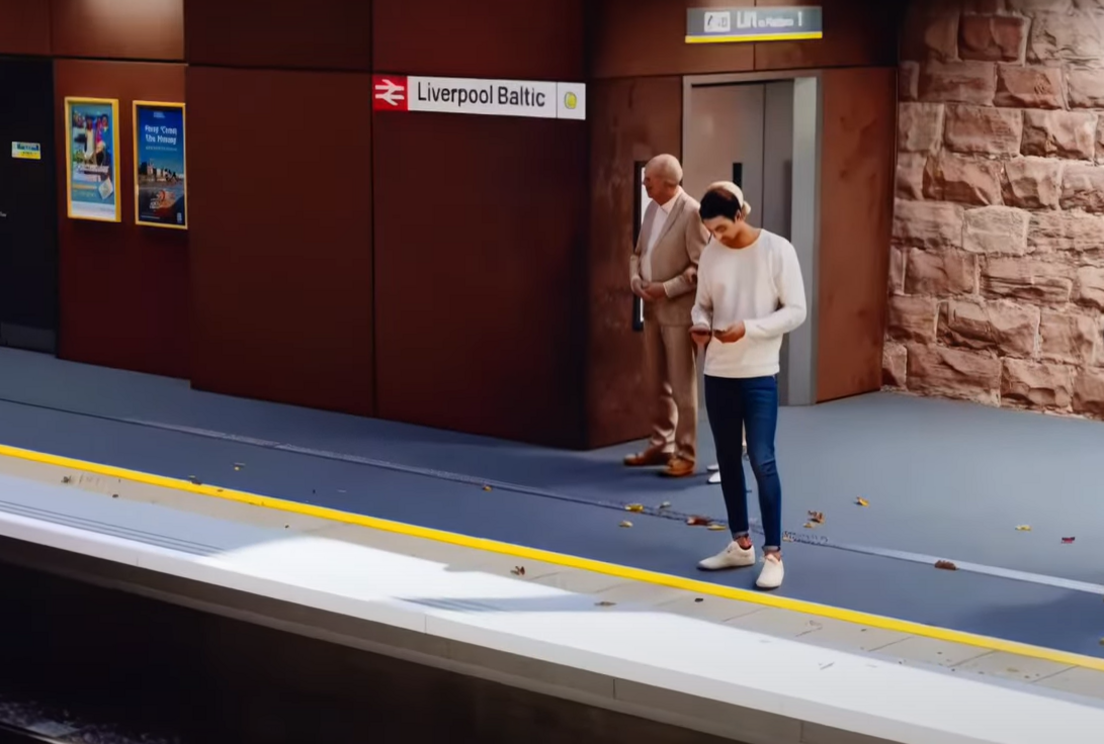 A CGI image shows  to men standing on the platform at the planned Liverpool Baltic station