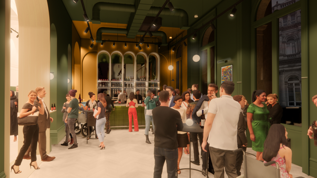 Artist's impression of people gathering in a bar at the refurbished Leeds Town Hall