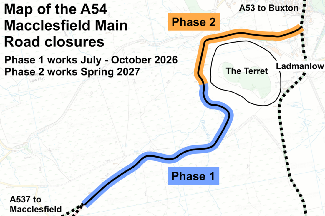Graphic showing the route and phases of the Cat and Fiddle road closure
