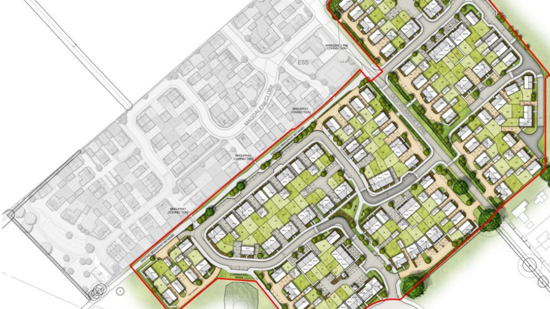 An architect's plan of the L-shaped plot showing trees and hedges on the outskirts 