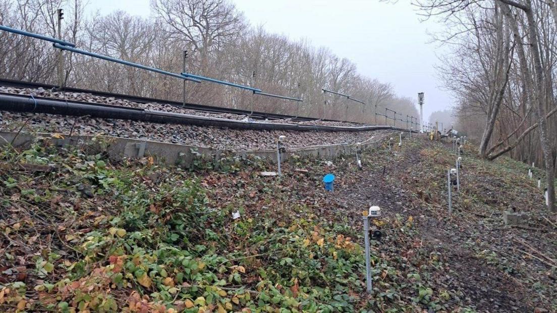 A image from the bottom of the embankment where the landslip has occurred.