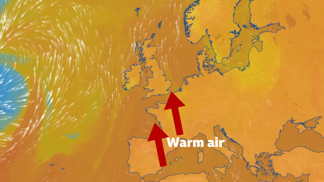 BBC Weather graphic showing warm air in western Europe being transported from southern Europe and North Africa