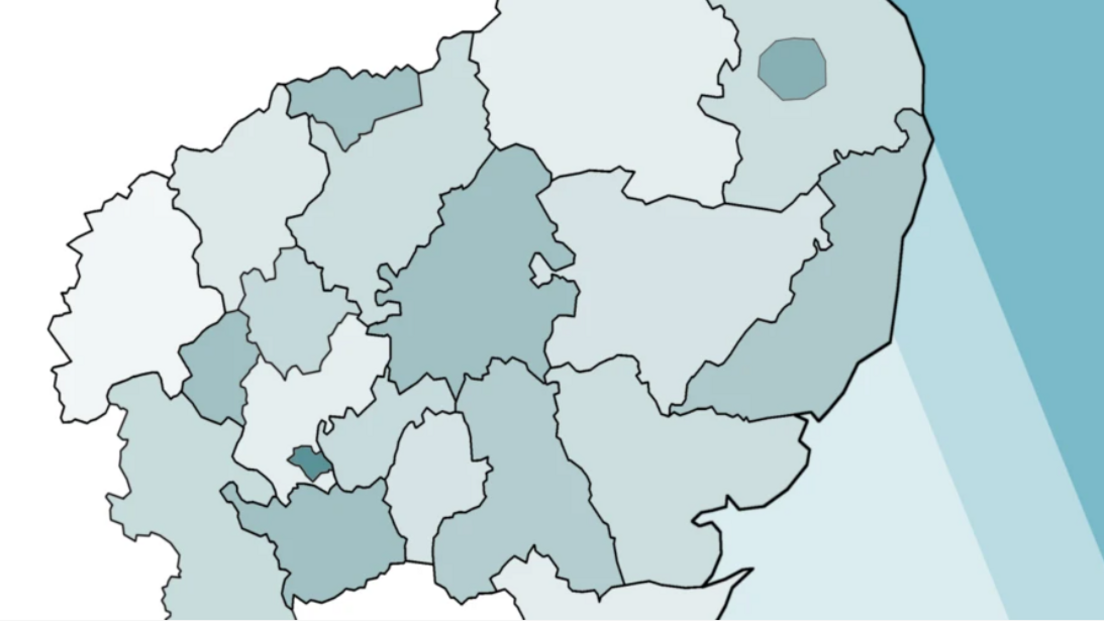 A graphic map showing what new councils' boundaries would look like if the government were to scrap district and borough authorities. Suffolk has two authorities on the map though the final outcome for the number of authorities could be more or less. 
