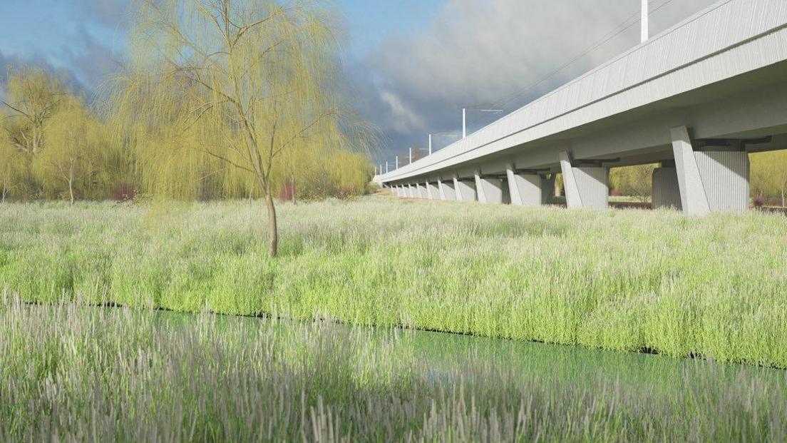 Computer drawing of concrete viaduct with supporting pillars going across an area of tall grass and trees.  A lake or river is visible in the foreground.