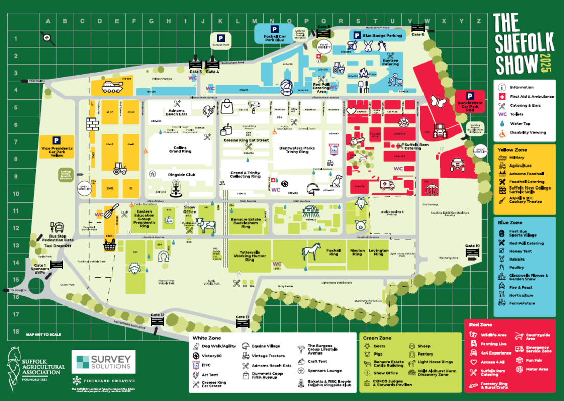 An animate map of the layout of the Suffolk Show for the 2025 event. The map details the different sections of the event - colour coded with red, yellow, green and white - car park, rings and more.