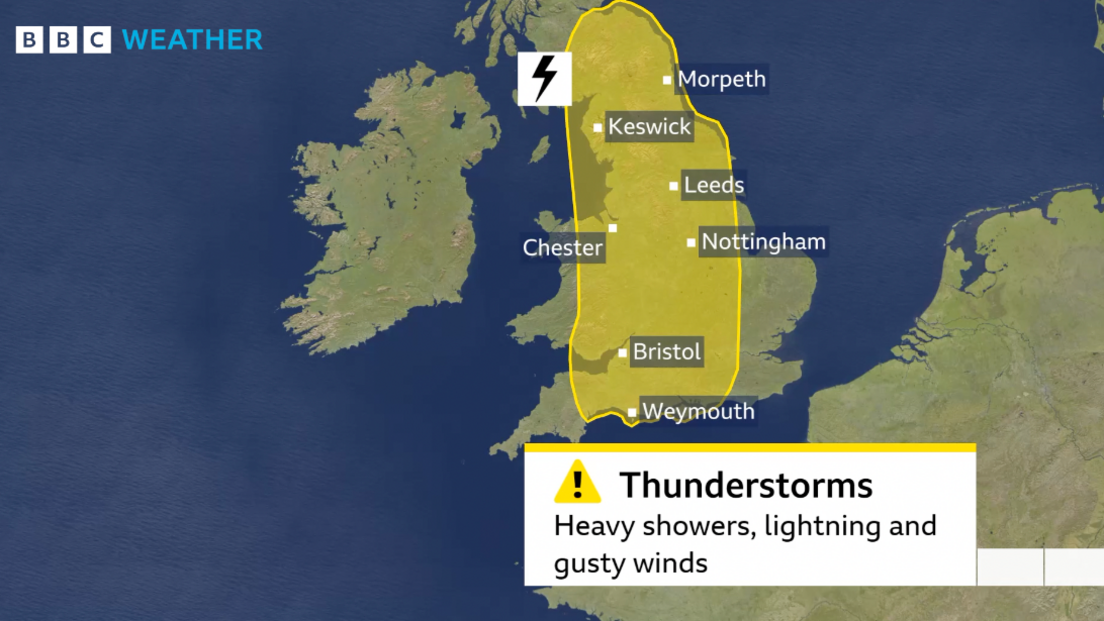 bbc weather graphic showing a map of the United Kingdom with an area shaded yellow of a weather warning.  The area covers central southern England, up through the Midlands, east Wales and northern England.  Warning of heavy showers, lightning and gusty winds.