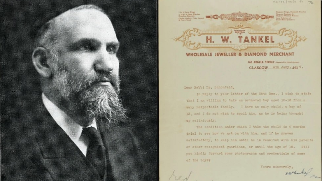 On the left is a black and white photo of a bearded man in a suit wearing a kippah, and on the right is a photo of a letter from a H.W. Tankel to Rabbi Dr Schonfeld stating his wish to care for an "orthodox boy" until he can be reunited with his parents, or turns 18. 