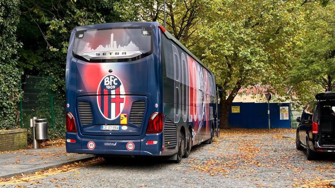 The Bologna team coach parked on a leafy lane close to their Birmingham city centre hotel 