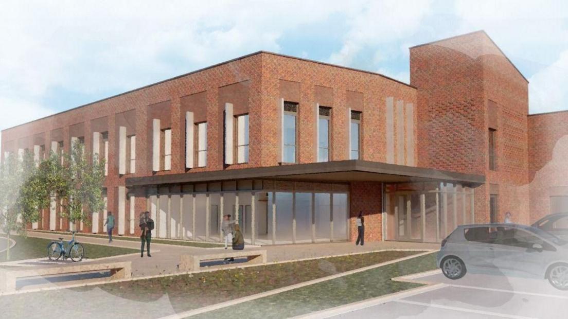 A CGI image showing a brown brick building with two floors. In front of the building is grass and four people walking on a footpath. There is a car park to the right with two cars in.