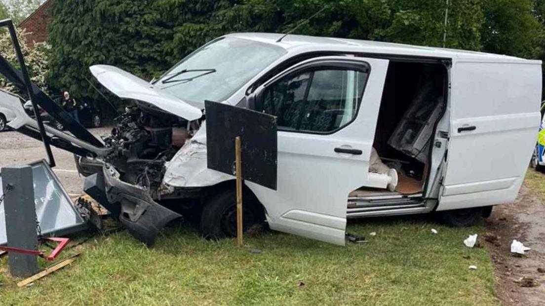 The written-off van following the crash with a lot of damage to the front of the vehicle
