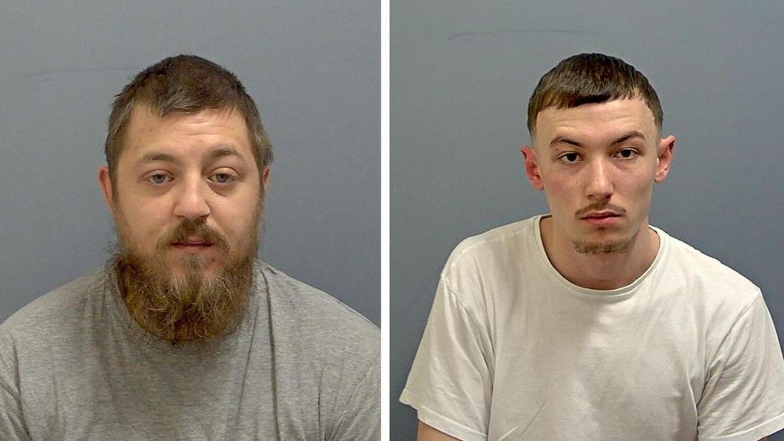 Two mugshots, on the left is Marco Sellitto who has a beard and is wearing a grey T-shirt, and on the right is Corey Deards who has a goatee and is wearing a white T-shirt. In both photos they are looking directly at the camera. 