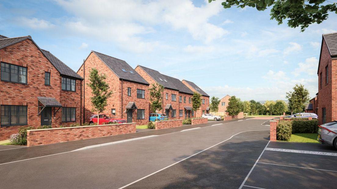 An artist's impression of a street of houses on a proposed development in Pleasley, Nottinghamshire, showing a street of detached red brick houses. 