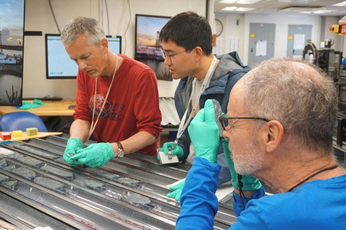 people looking at rock samples. 