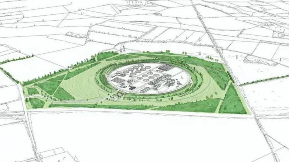 Artists impression of a new sewage works. A circular facility is drawn in white with the surrounding countryside area in green. 