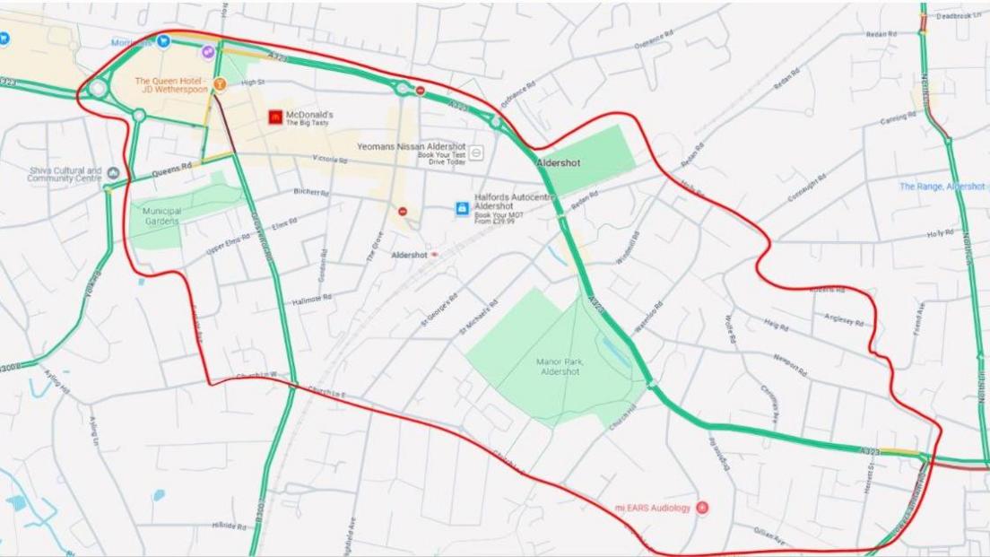 A screenshot of a map shows a red outline indicating where the dispersal order is being enforced