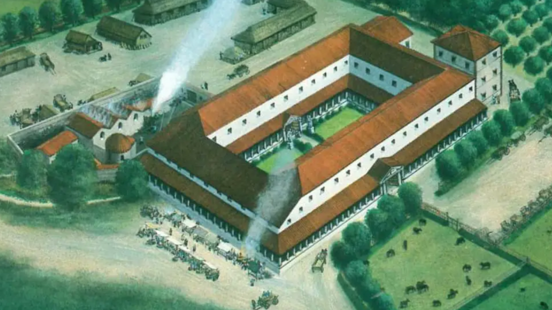 An artist impression of a square brown and white building which has a small grass area in the middle. On the outside are rows of trees and fields.