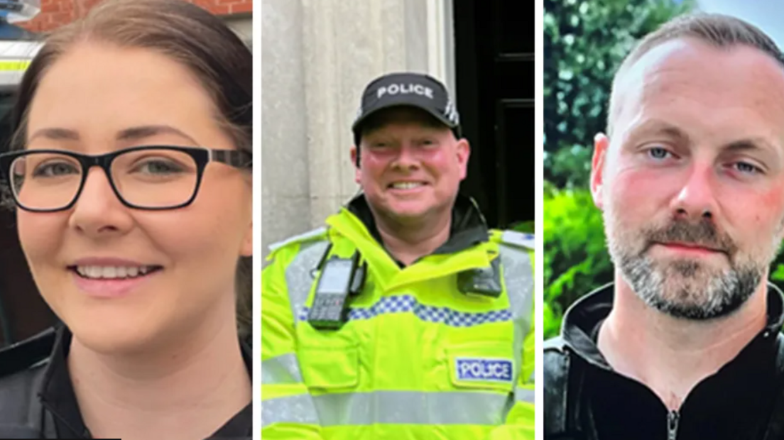 The faces of three police officers, one is in a hi-viz police jacket