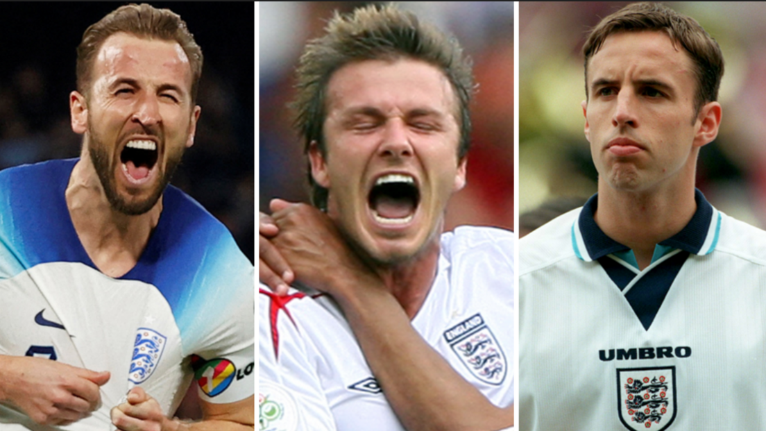 England captain Harry Kane (left), former England player David Beckham (centre) and former England player and manager Gareth Southgate