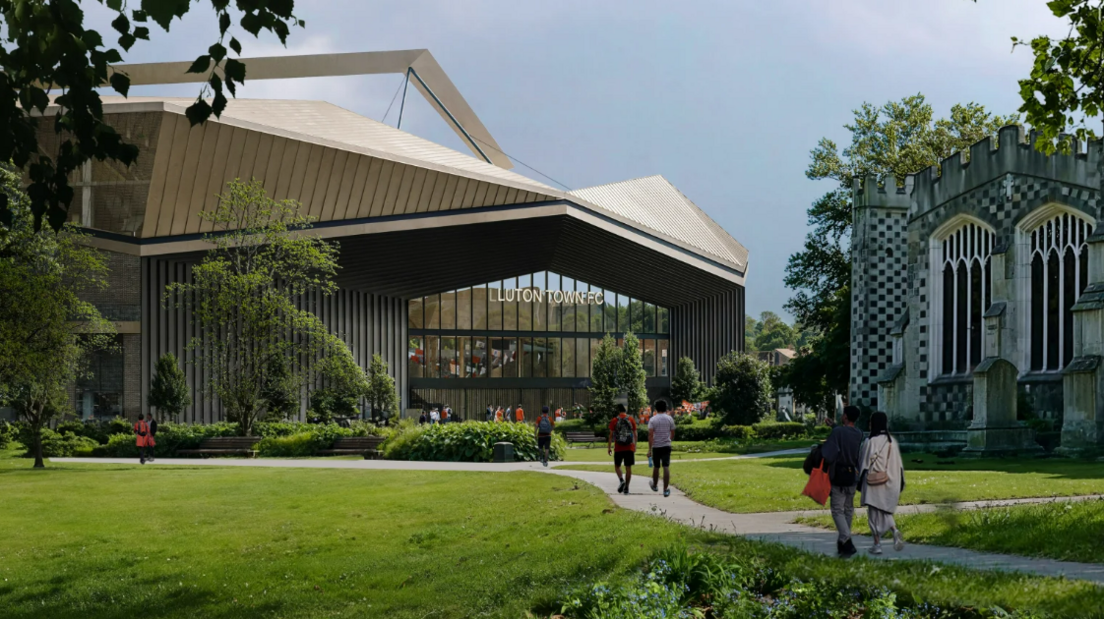 A CGI image of how the stadium looks from nearby church grounds. It is bronze and is in the background. In the foreground, people are walking towards it.