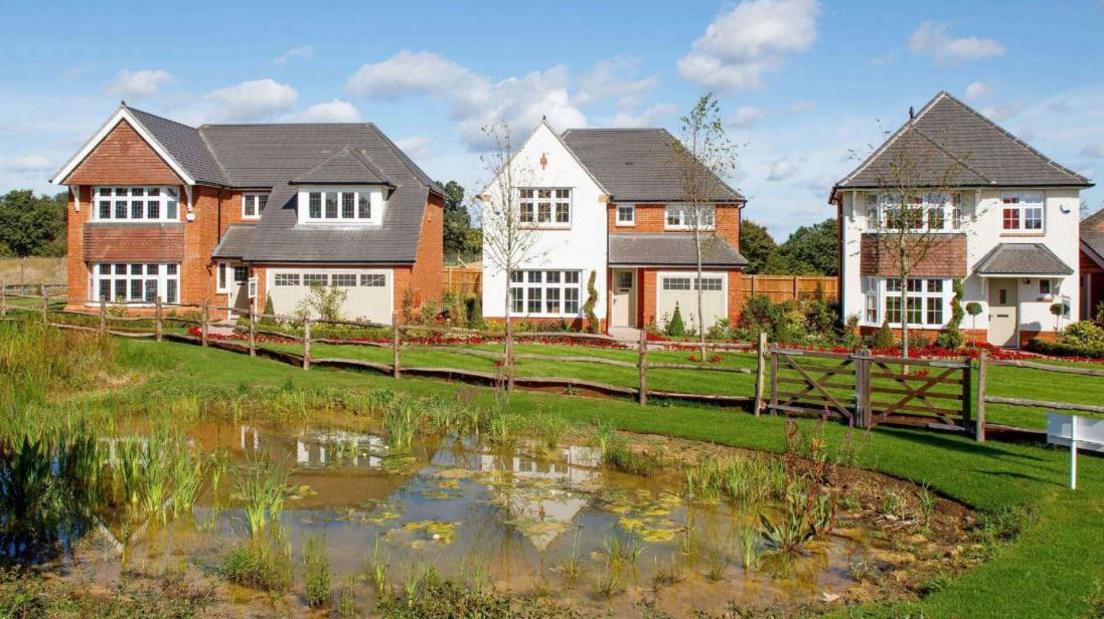 Three large detached houses, which look more real than an artist's impression. There is a pond in the foreground with a wooden fence behind it, and a green lawn. Small birch trees are in front of the houses.