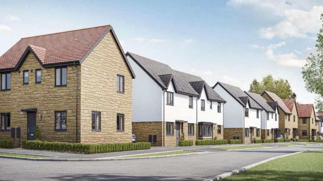 Concept image of new housing development in Chippenham. A row of houses can be seen. They are a mixture of Cotswold stone and white buildings. 