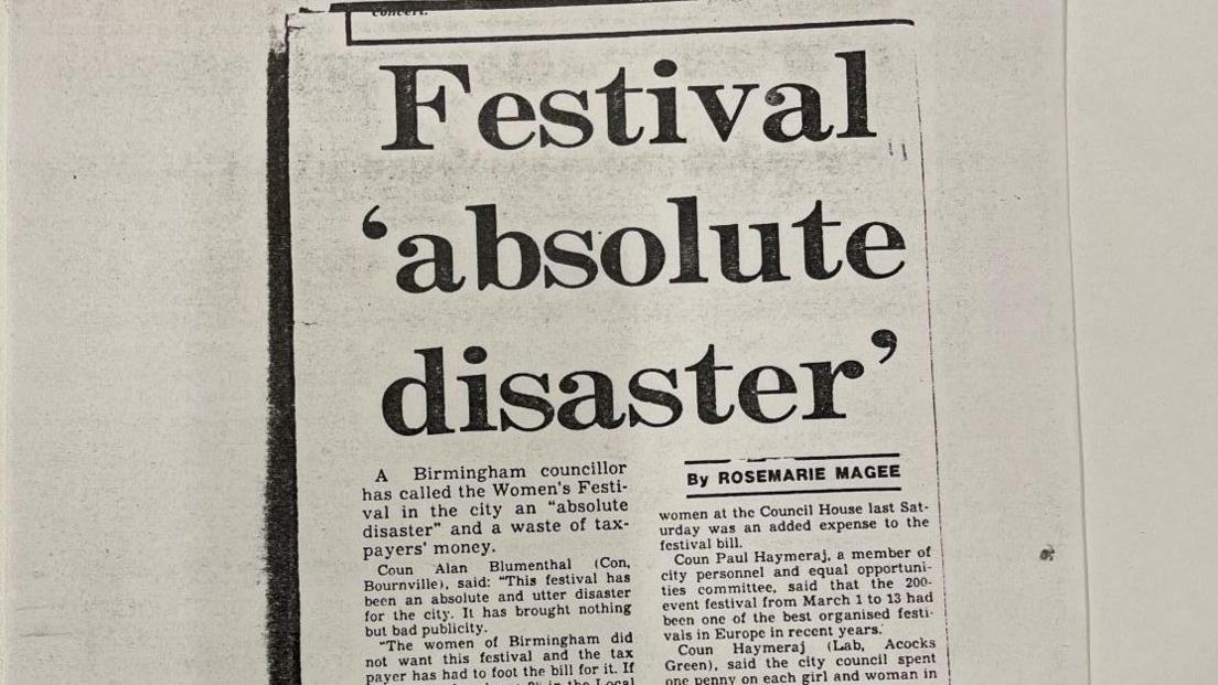 A black and white photograph of a newspaper clipping, which has the headline "Festival 'absolute disaster' "