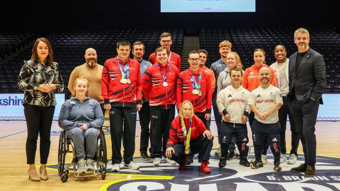 Oliver Coppard, Stephanie Peacock MP and the athletes who competed in the Olympics, Paralympics and Special Olympics, at a sports arena in Sheffield 