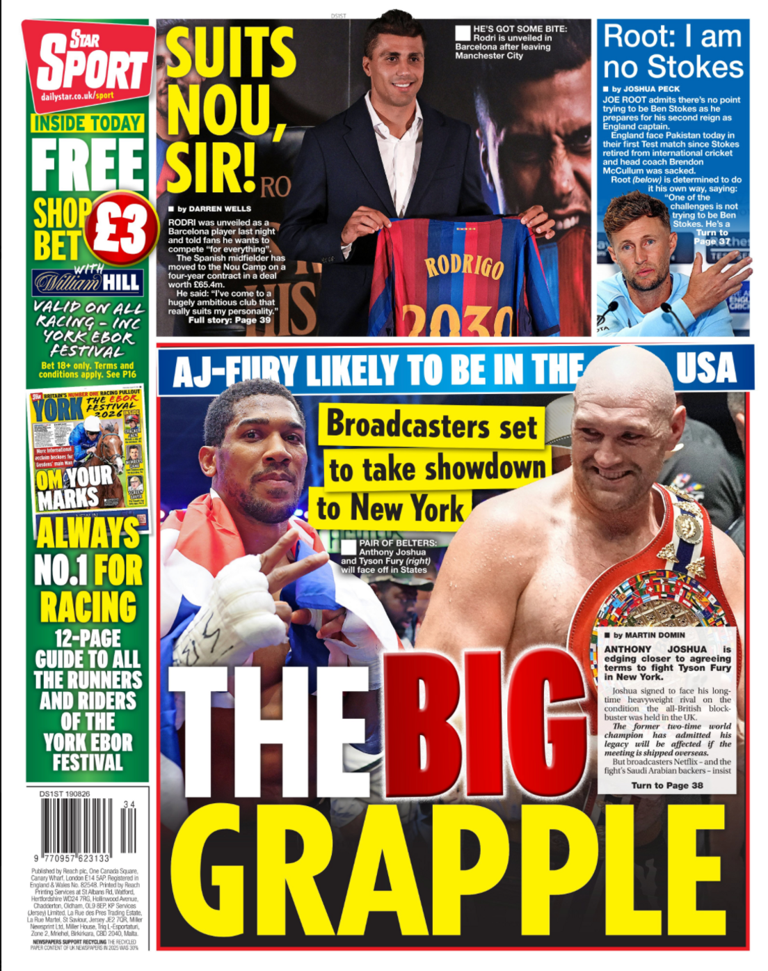 Back page of the Sun with Anthony Joshua, Tyson Fury and Rodri