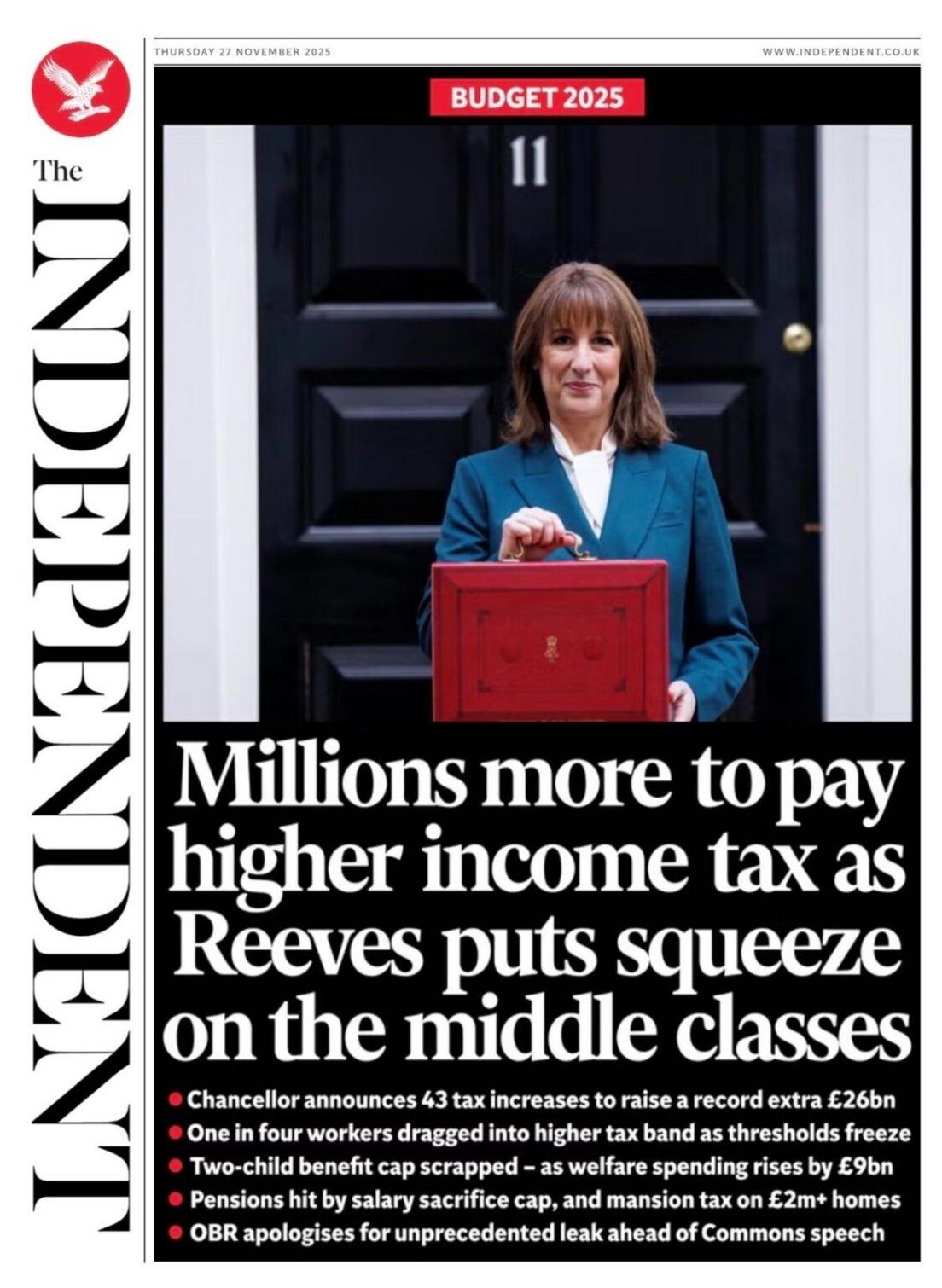 "Millions more to pay higher income tax as Reeves puts squeeze on the middle classes," reads the headline on the front page of the Independent.