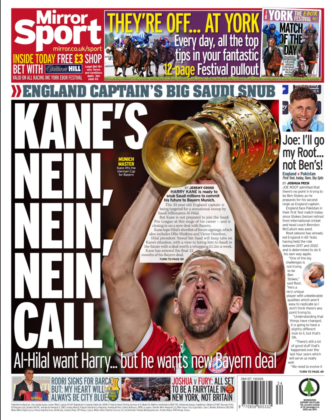 Back page of the Mirror with a story about Harry Kane wanting a new Bayern Munich contract