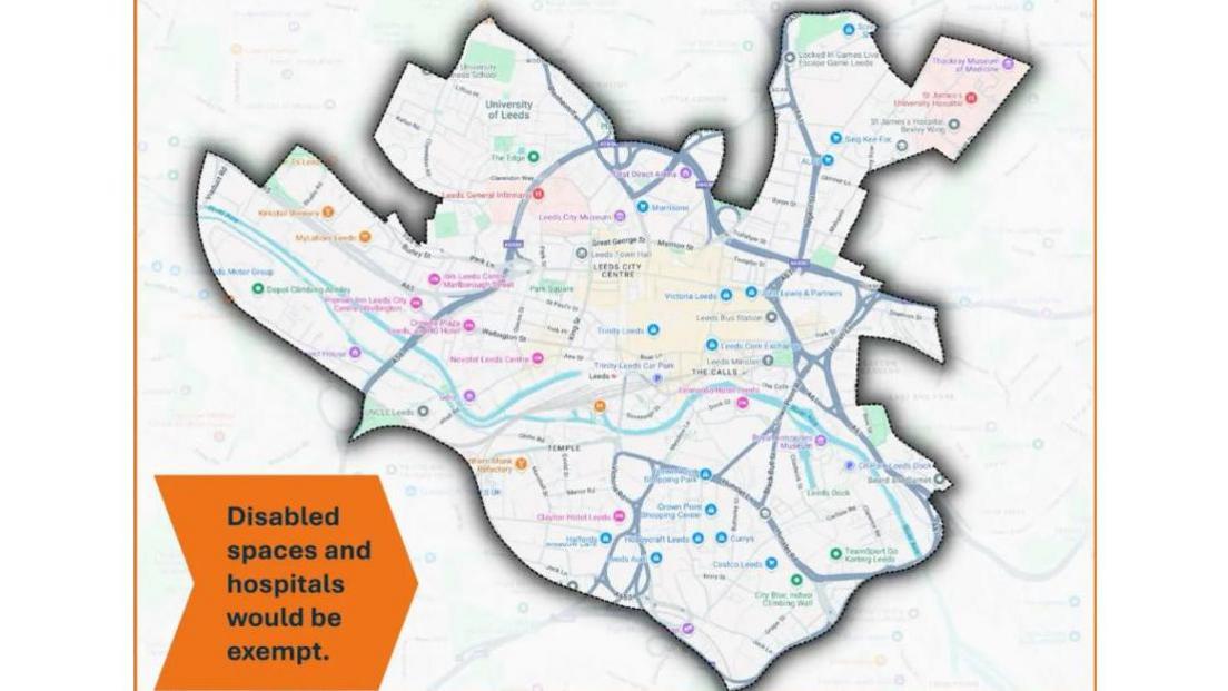 This image is a map illustrating the proposed boundary for the Workplace Parking Levy. It includes various coloured markers that identify key locations within the boundary, such as hospitals and other significant landmarks.
On the left side of the image, there is an orange box containing the text:
"Disabled spaces and hospitals would be exempt."
Beneath the map, a caption provides further context:
"A map of the proposed boundary for the Workplace Parking Levy. Disabled spaces and hospitals would be exempt, along with fleet vehicles, and the charge would only be levied on businesses with 10 or more parking spaces."
