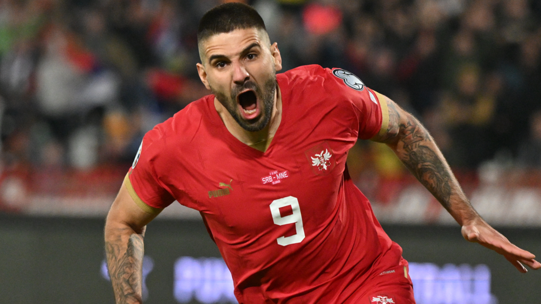  Aleksandar Mitrovic celebrates scoring against Montenegro in Euro 2024 qualifying