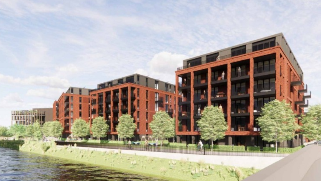 An artist's impression of blocks of flats on the waterside