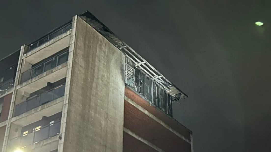 Damage on upper floors to the side of the building in Slough, taken early on Thursday