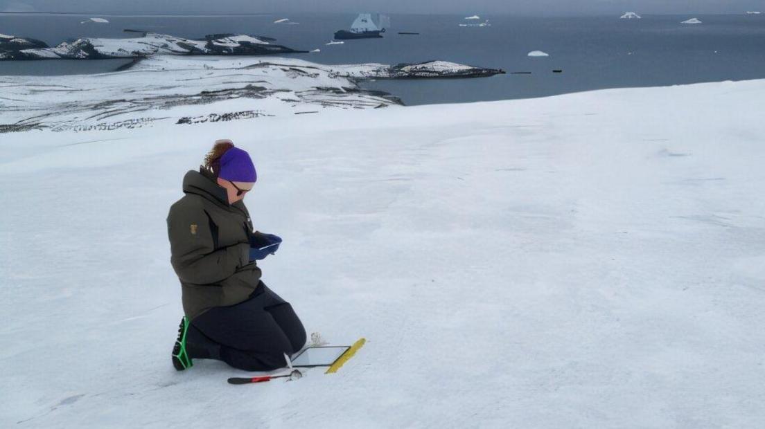 Emily taking samples on Gourlay Snowfield, a patch of snow on an island. She is wearing black trousers, a dark green coat and purple headband, kneeling in the snow with sampling equipment in front of her. In the distance there are lots of icebergs floating in the dark grey-blue ocean.