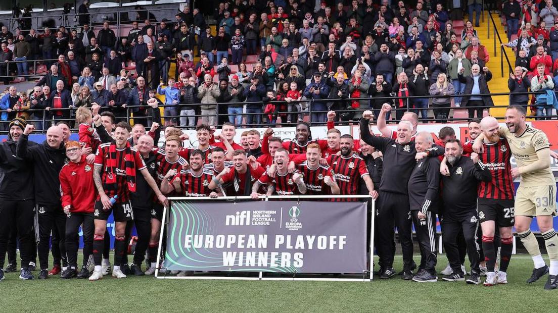 Crusaders celebrate beating Coleraine in the European play-off