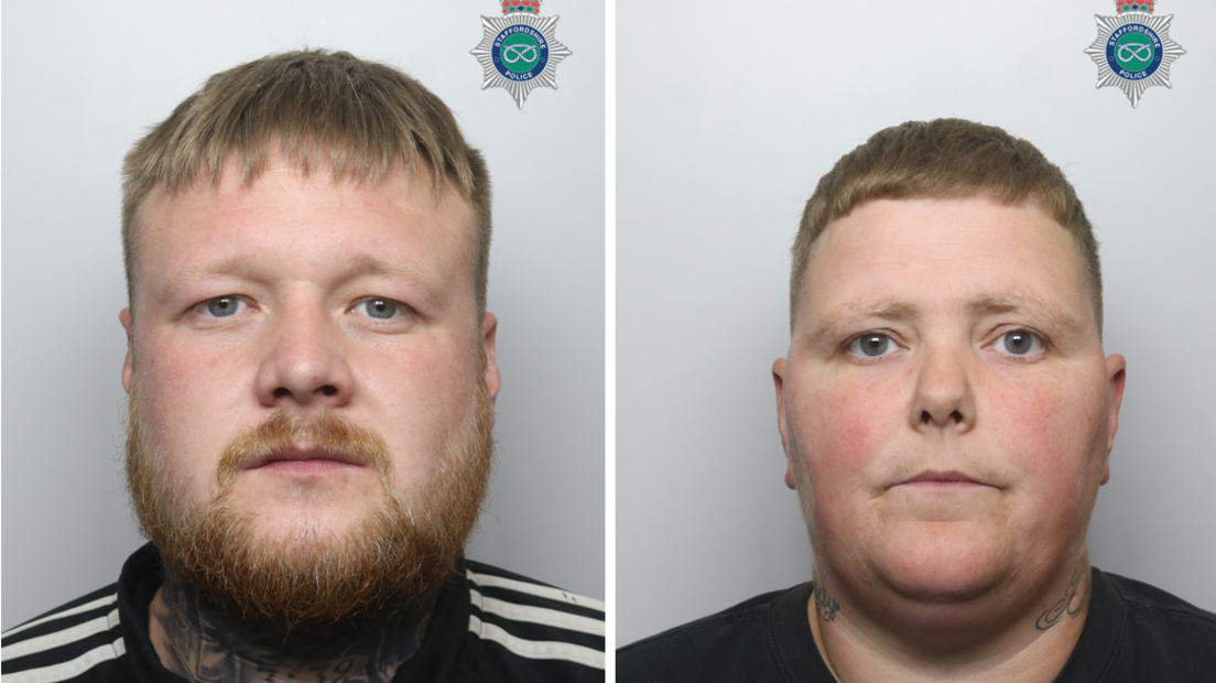 Two mugshots side by side of a man and a woman, both in front of a light grey background, with the Staffordshire Police logo at the top of each image