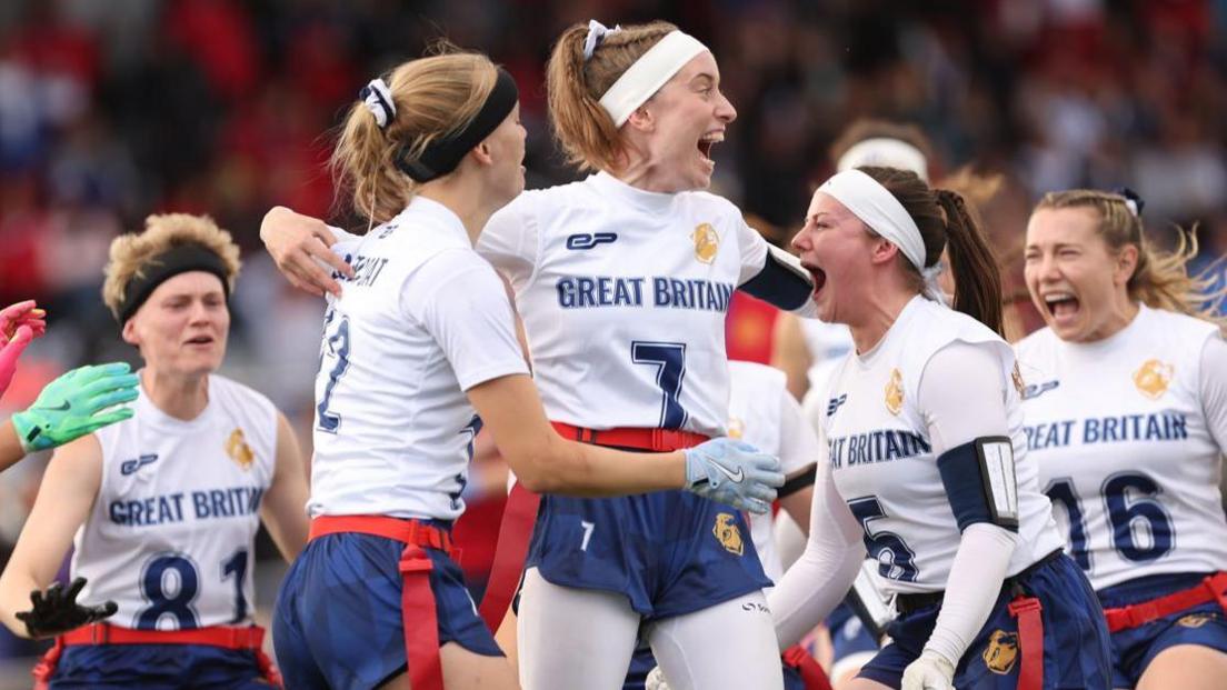 Great Britain players celebrate after beating Austria in the women's final of the European Flag Football Championships