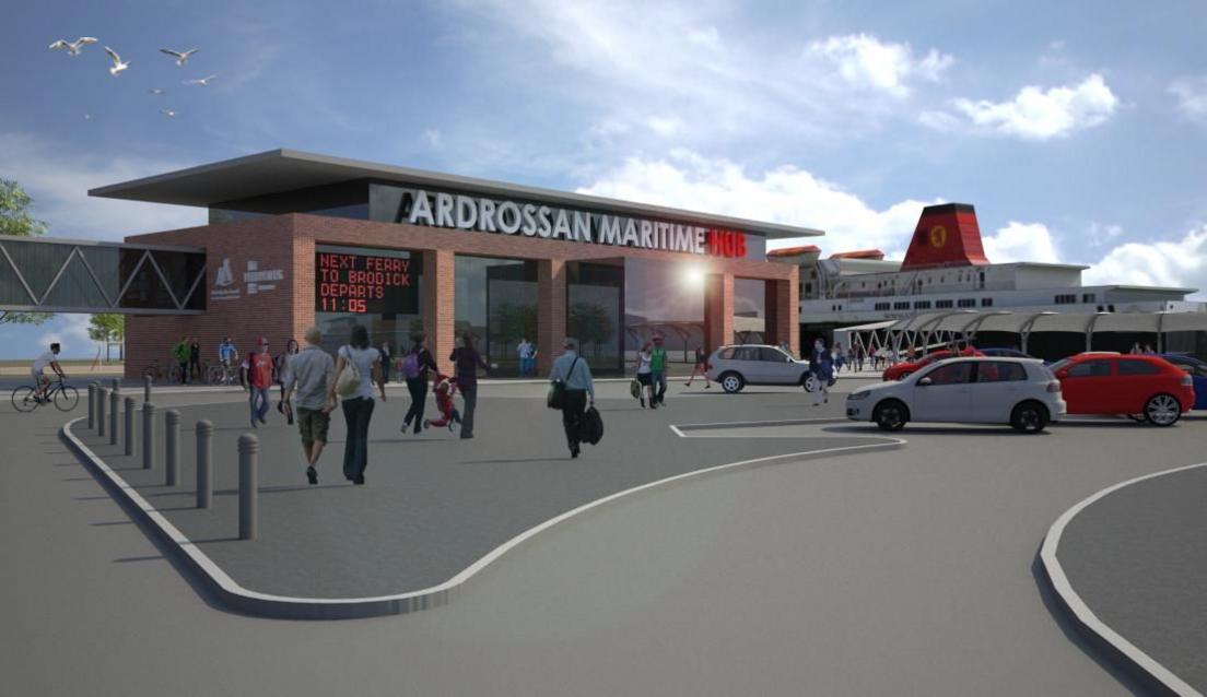 A visualisation of a revamped Ardrossan maritime humb with people approaching a new harbour building and a large ferry in the background