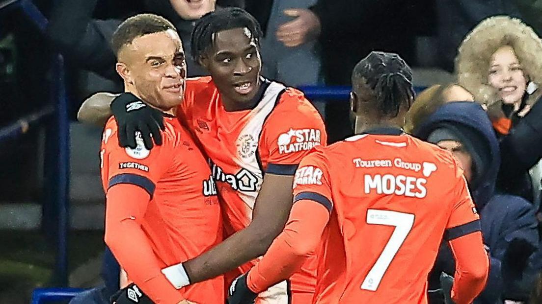 Luton Town Forward Elijah Adebayo makes it 1-0 during the Championship match against Swansea City