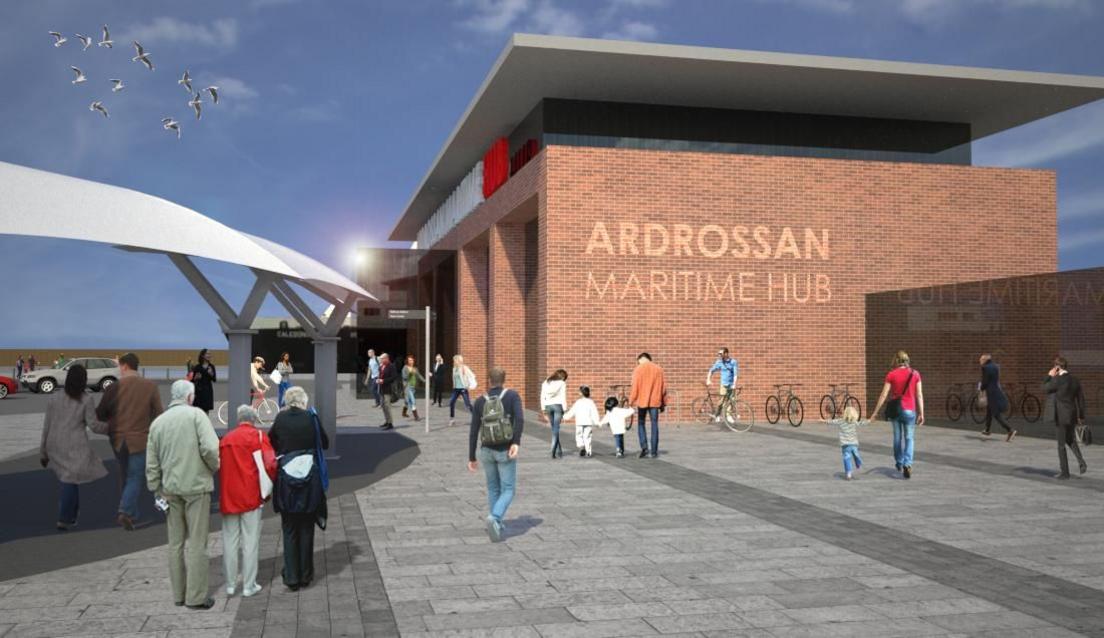 Visualisation of people outside a new built Ardrossan Maritime Hub, a modern red brick building with a nearby bus stop and cycle storage