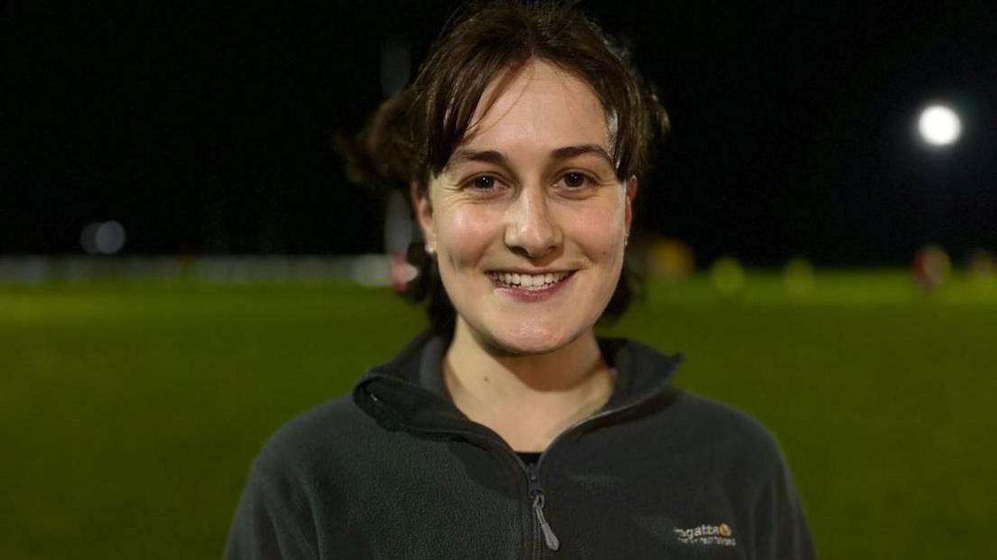 Women's rugby player Cat Hamilton at a training ground in Cambridge.