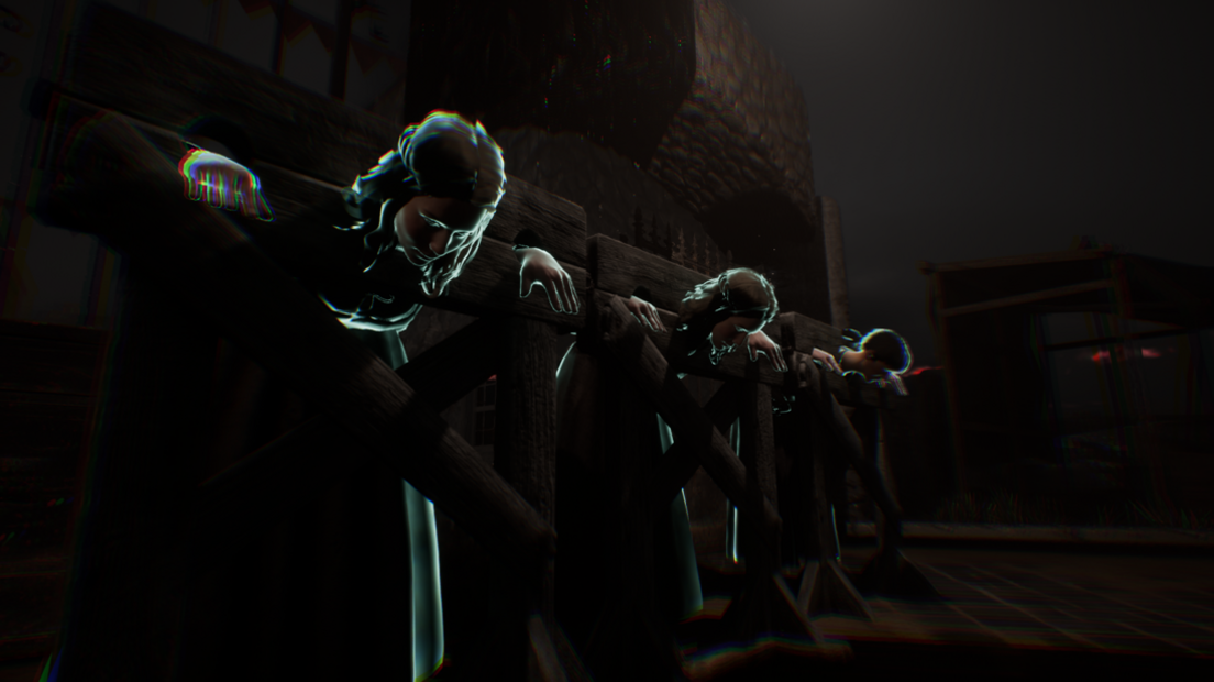 A still image from a video game of people captured. It is dark. They are wearing cloaks.