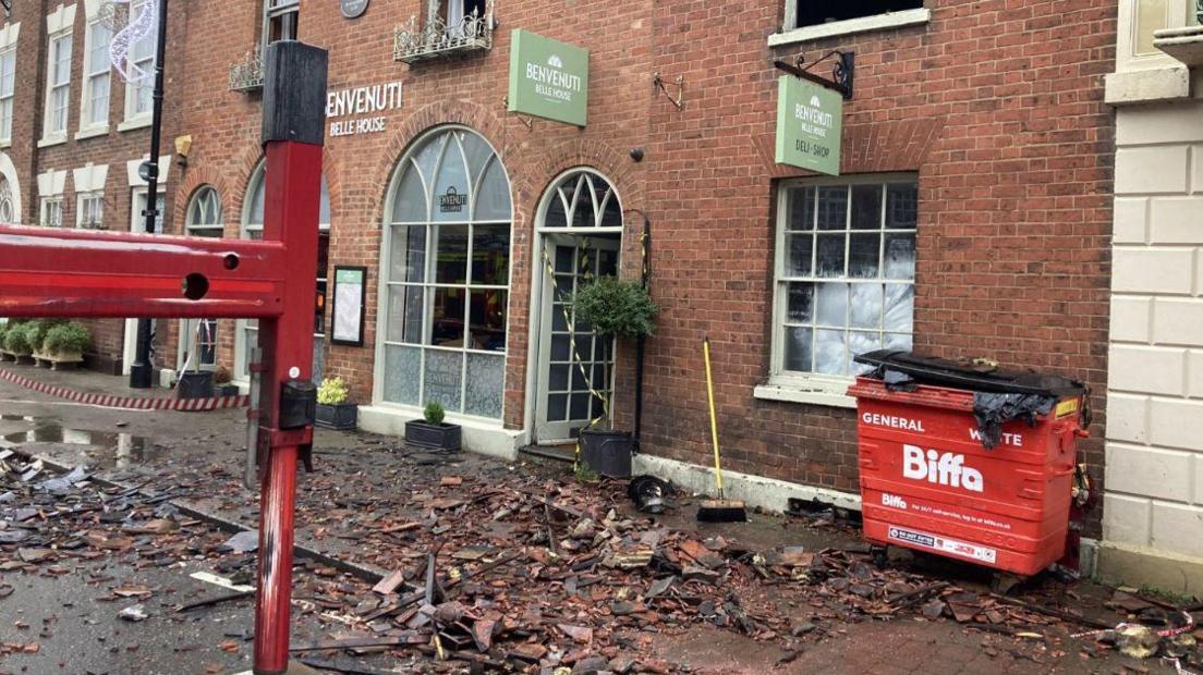 The scene on Bridge Street in Pershore with a damaged building