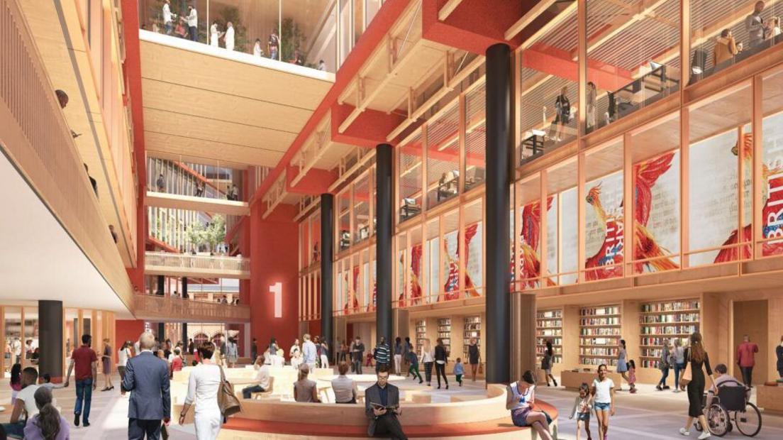 An artist's impression of an atrium the inside of the newly extended space, including curved bench seating, black pillars and exposed orange beams, rows of bookcases on the ground level with intersecting suspended walkways and windows into floors above with signage and desks