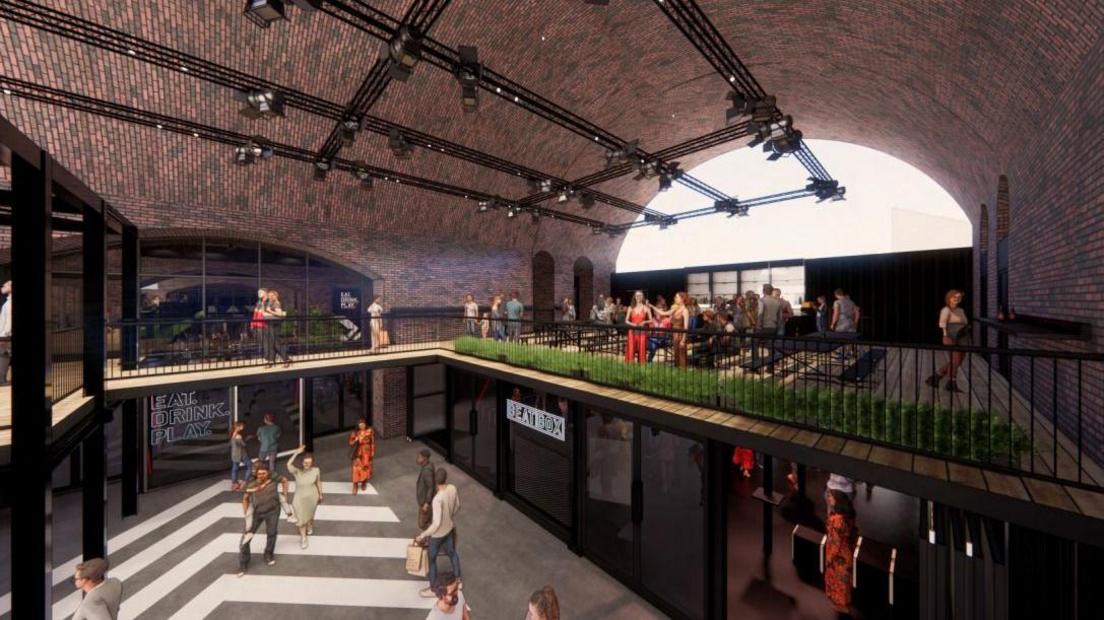 A CGI of a food and retail space under railway arches, with people walking around and sitting in a open two-level space with iron railings on the second floor.