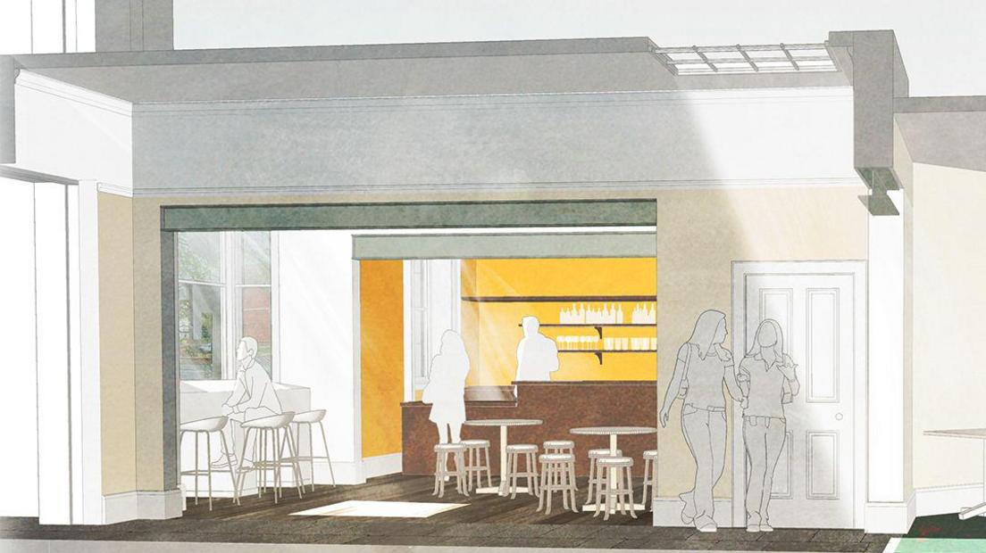 An architect's drawing of the inside of the foyer at the Sessions House. There is a bar, window seating with high stools and bistro-style tables and chairs.