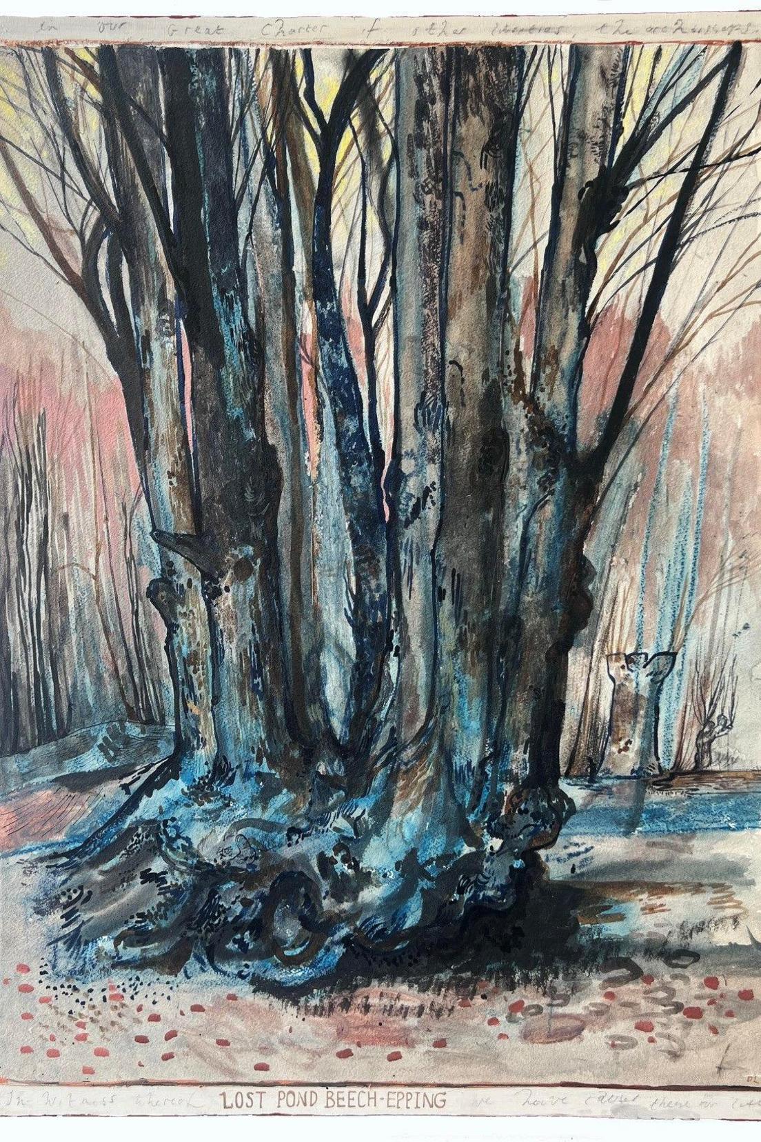 Beech trees depicted in blue and black, with a chilly evening feeling overall. A sunset orange hue comes mistily through the woodland. Blobs, representing leaves and forest floor are in the foreground in dark reds.